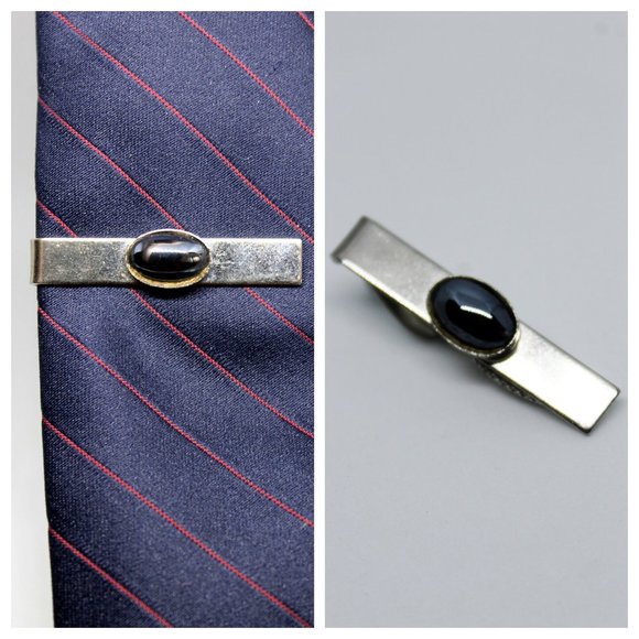 Vintage Silver & Dark Gray Oval Cabachon Tie Clip | Father's Day | Groom Wedding - Picture 1 of 8